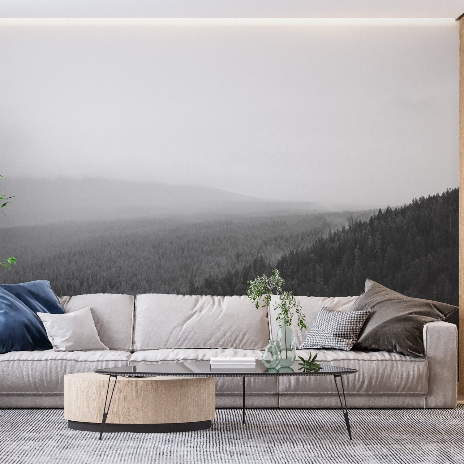 Misty forest wall mural adding dramatic effect to minimalist dining room space