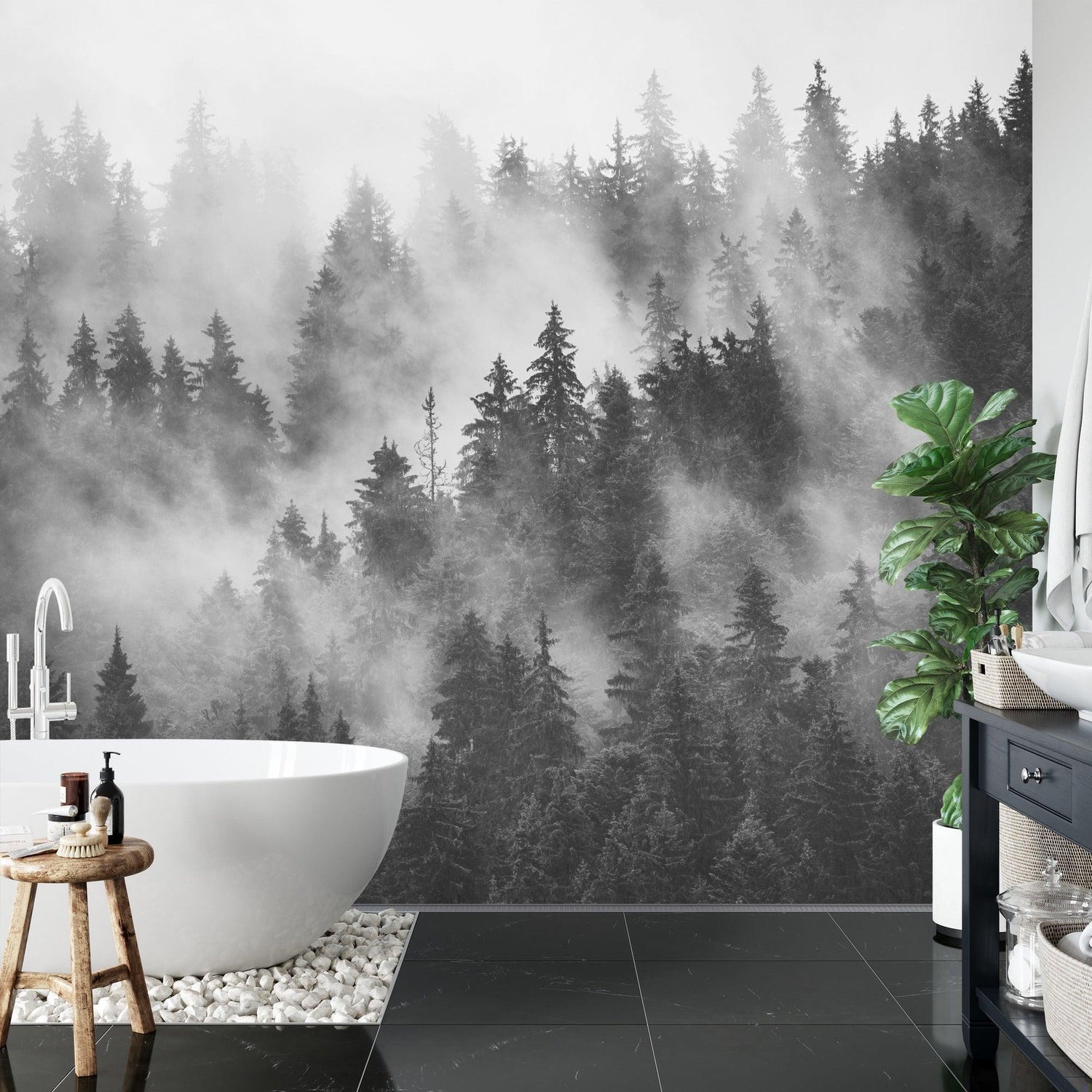 Black and white forest wallpaper creating depth in a minimal Scandinavian living room