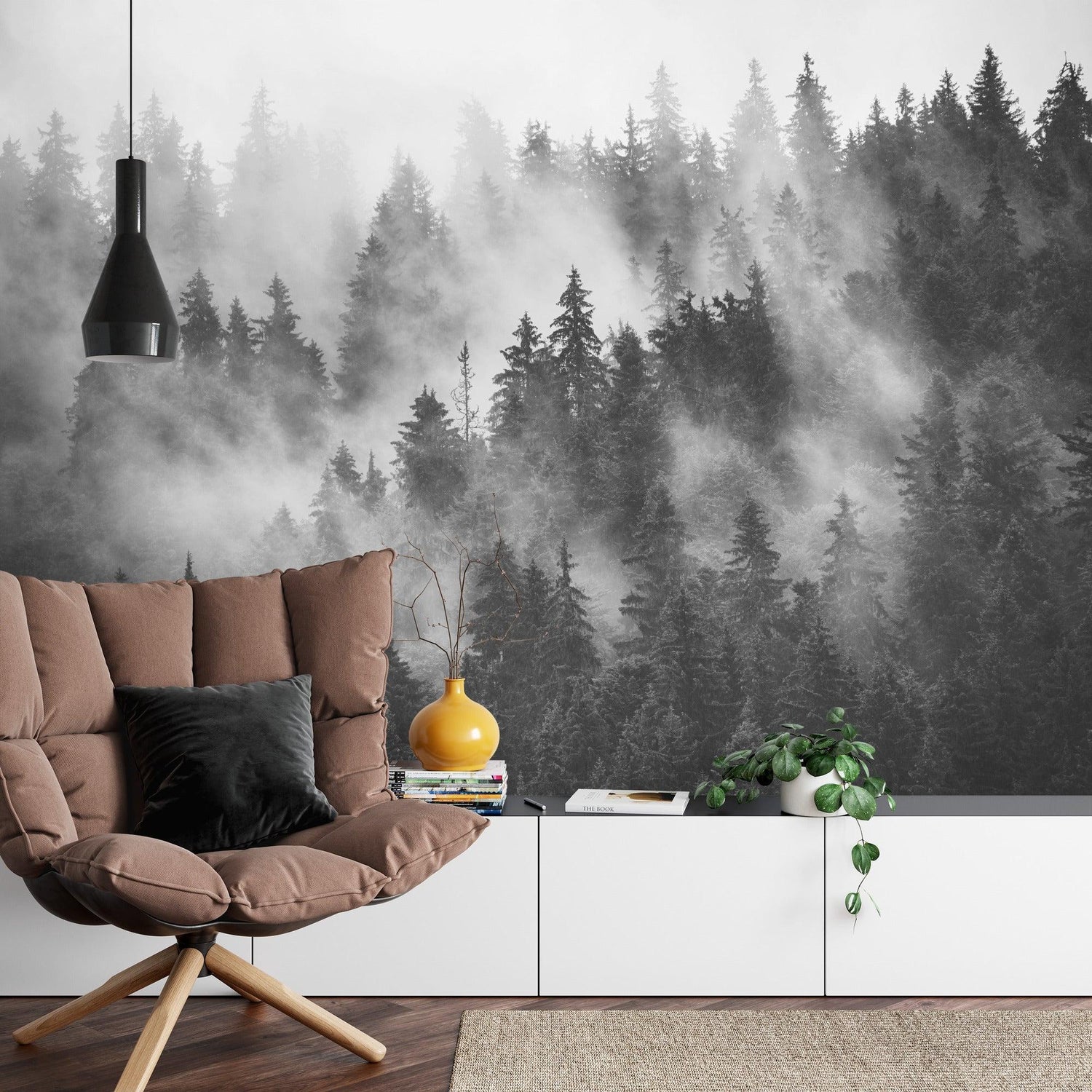 Monochrome pine tree mural adding character to a modern bedroom wall