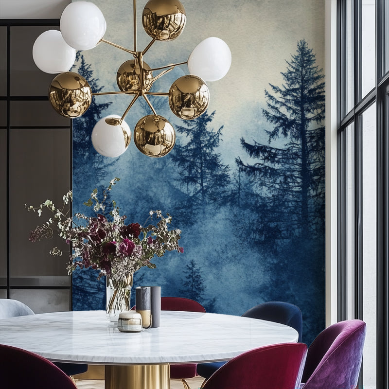 Misty forest wallpaper in cozy bedroom showing pine trees in atmospheric blue haze