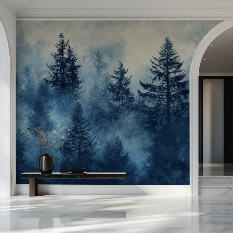 Pine tree wall mural adding drama to dining room with moody blue forest scene