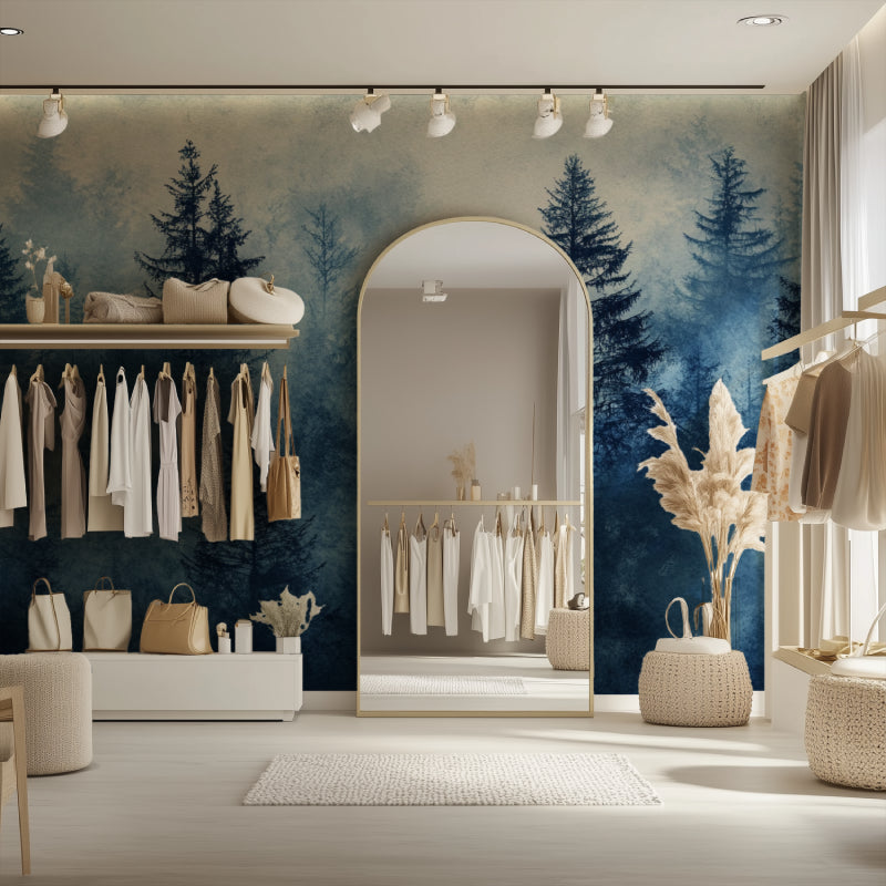 Nature wall mural in meditation room showing misty blue forest scene