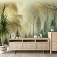 Forest wall mural with golden light in a modern living room, creating depth and warmth in the space