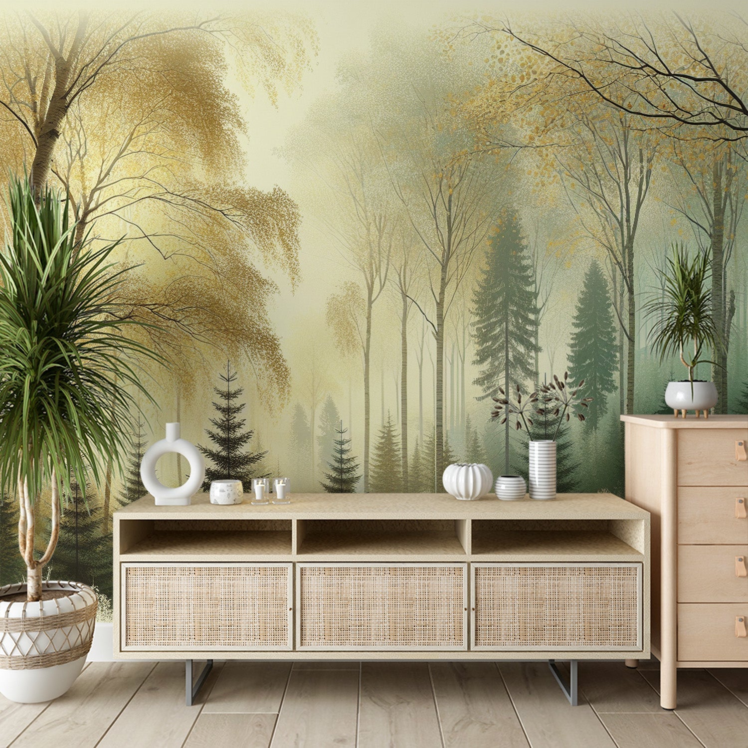 Forest wall mural with golden light in a modern living room, creating depth and warmth in the space