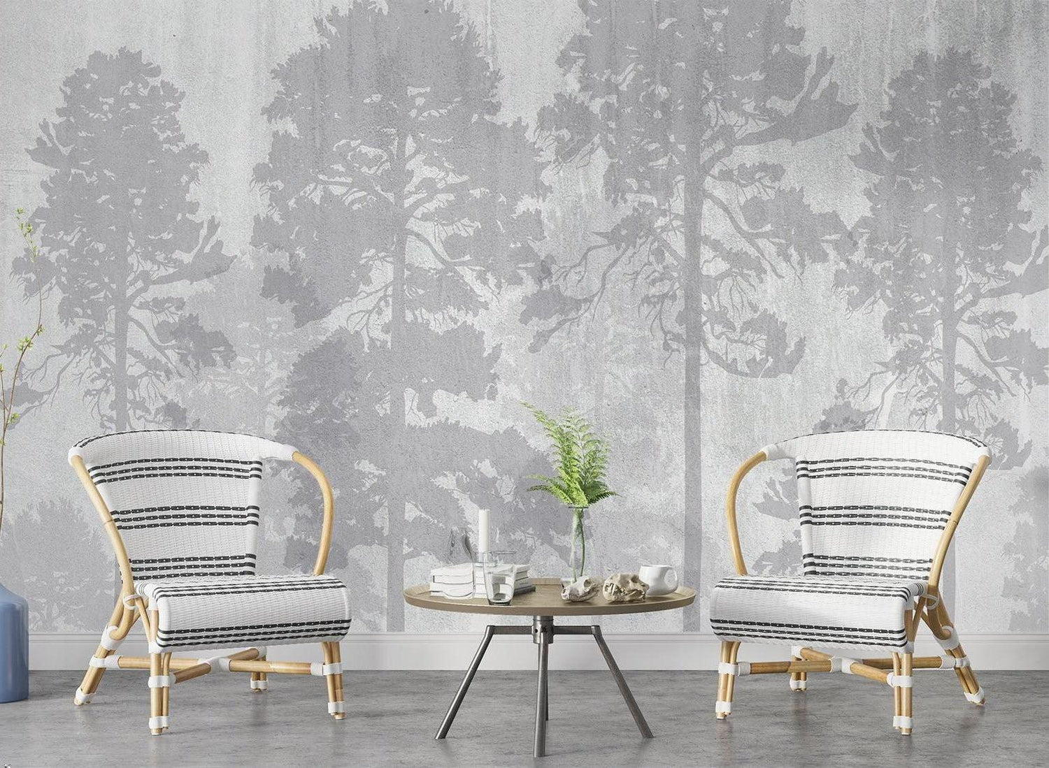 Pine tree wallpaper installation in a minimalist bedroom showing the full-wall misty forest effect