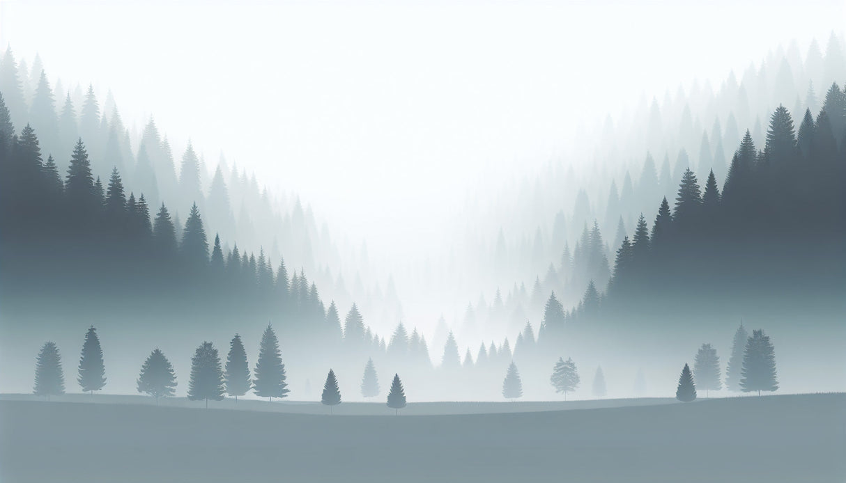 Forest wall mural design file showing detailed pine trees in morning mist