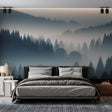 Misty forest wallpaper creating depth in a modern living room, pine trees emerging through gentle fog