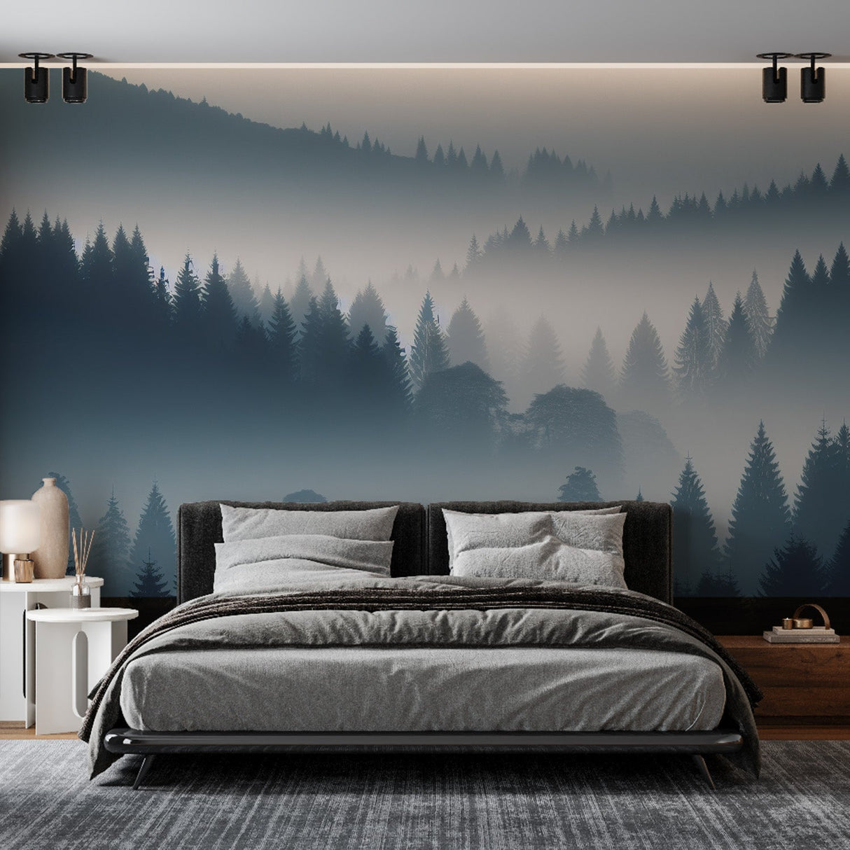 Misty forest wallpaper creating depth in a modern living room, pine trees emerging through gentle fog