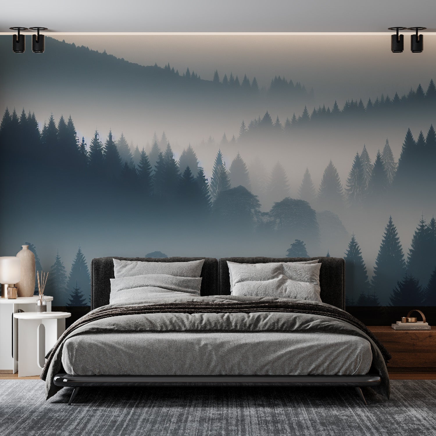 Misty forest wallpaper creating depth in a modern living room, pine trees emerging through gentle fog