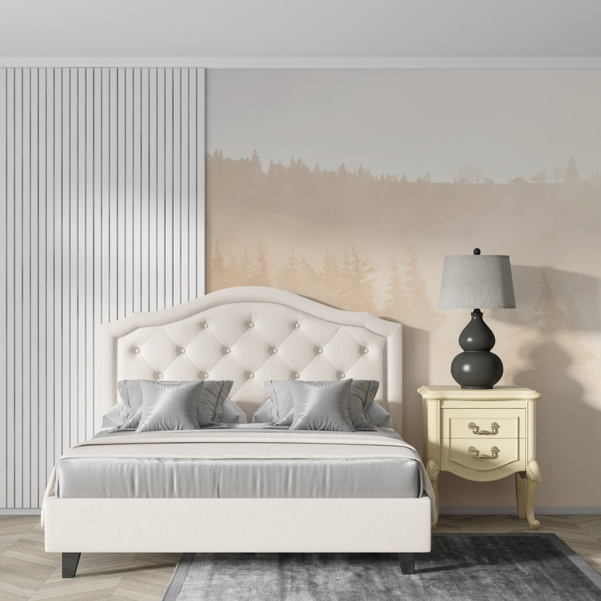 Forest landscape wallpaper creating depth in modern living room with beige sofa and natural light