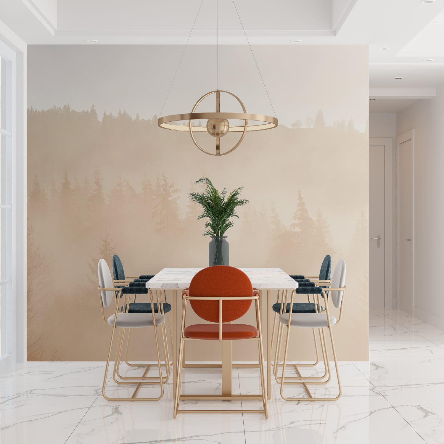 Pine tree wallpaper in cozy bedroom setting with warm lighting