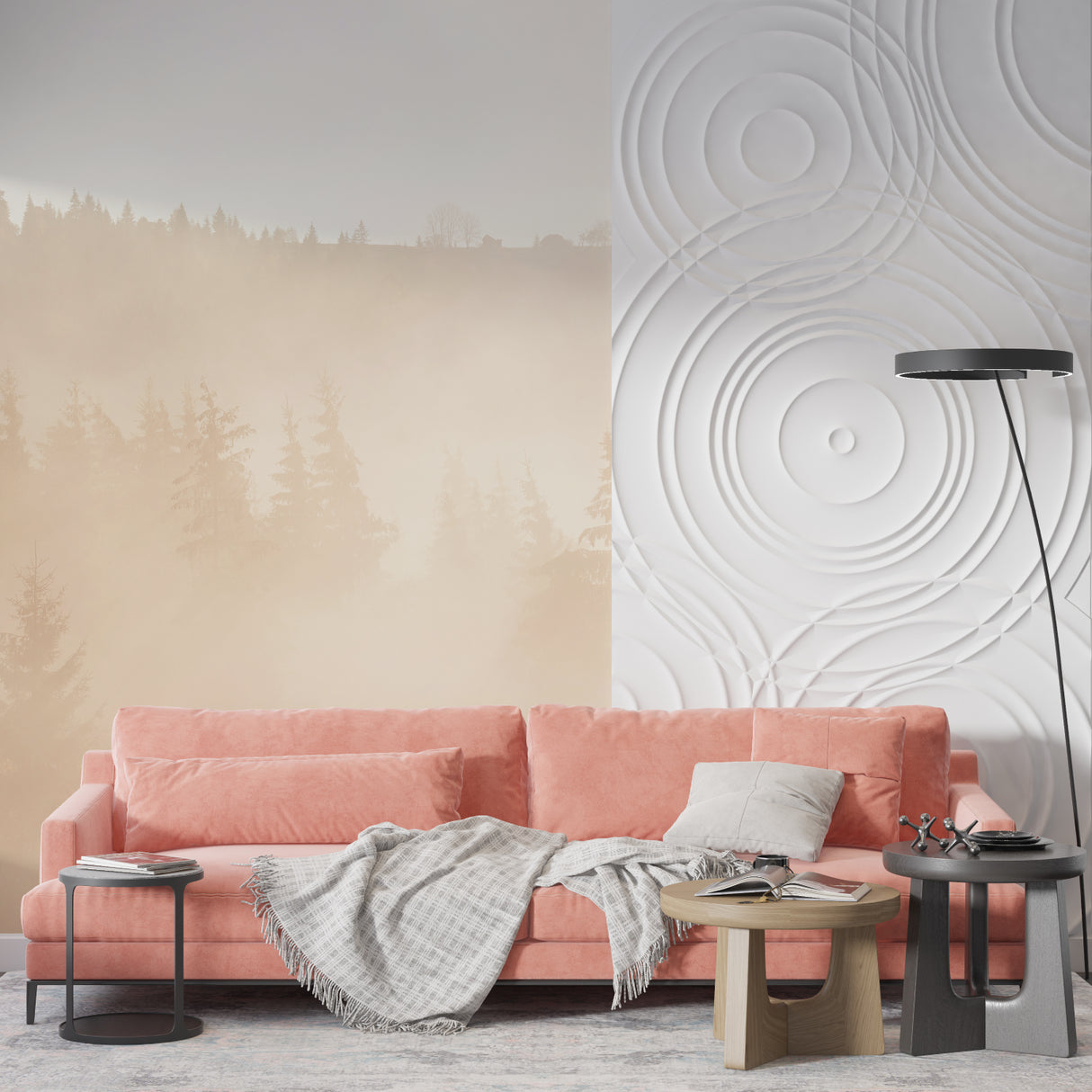 Misty forest mural in home office with minimalist furniture