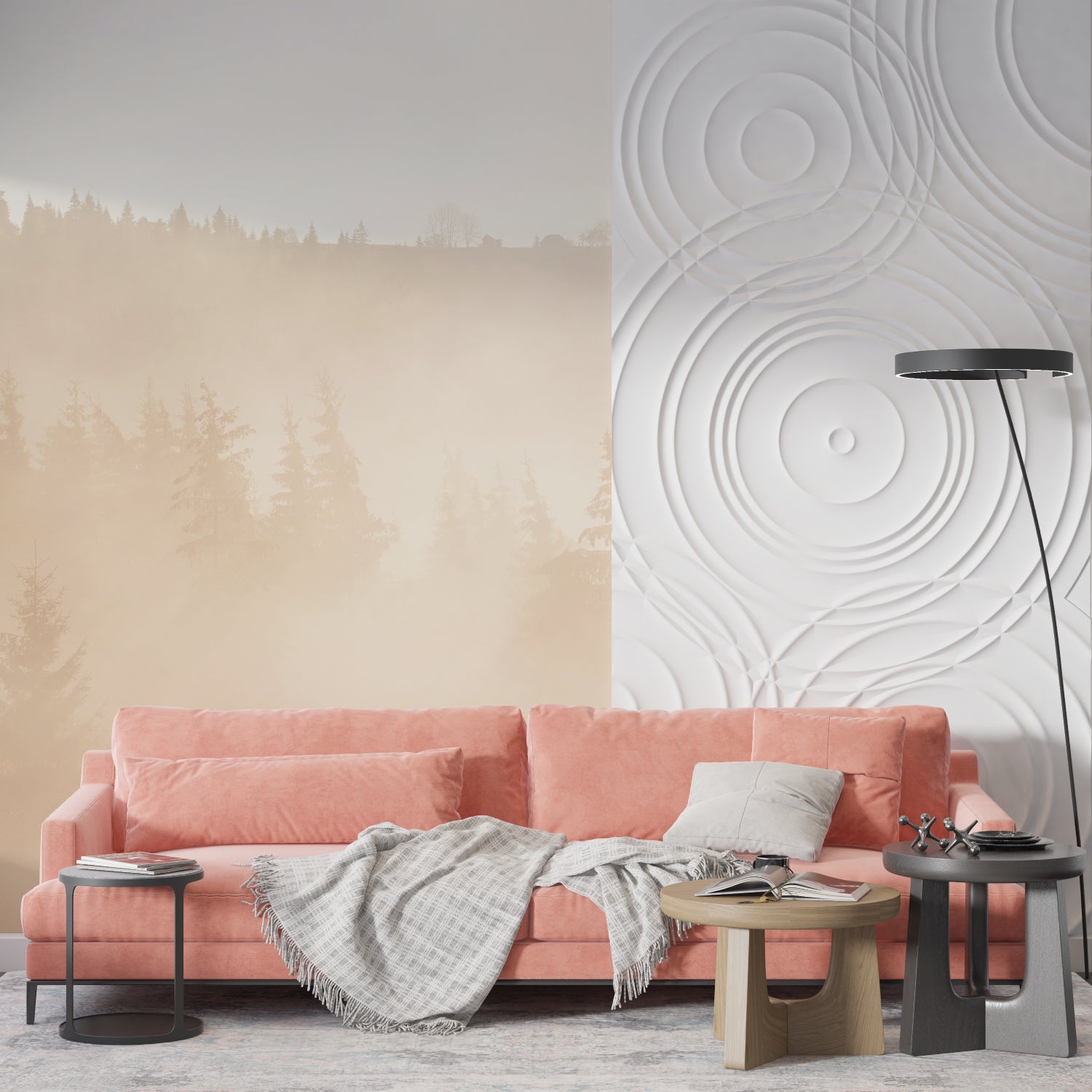 Misty forest mural in home office with minimalist furniture