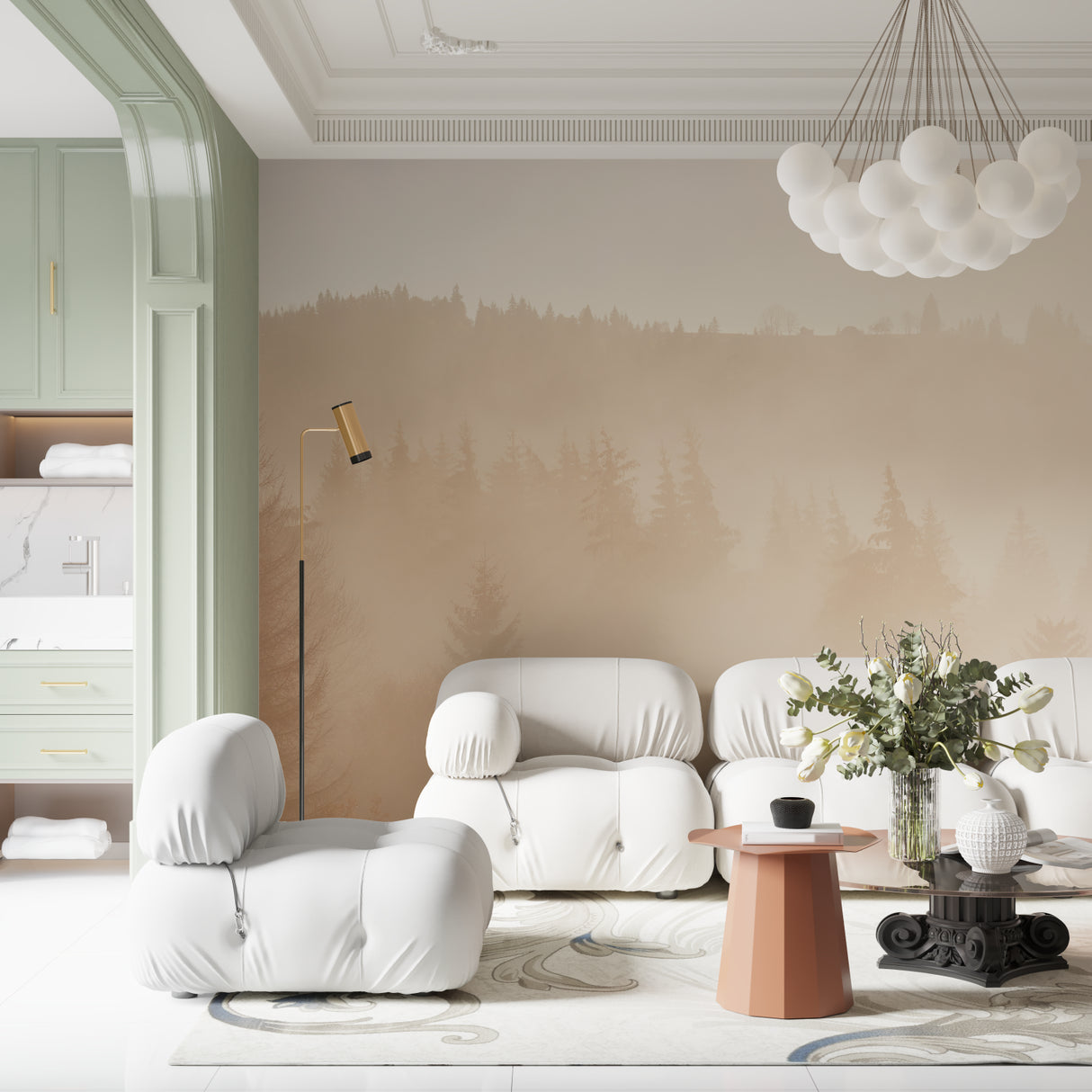 Forest wall mural bringing nature into dining room with wooden table