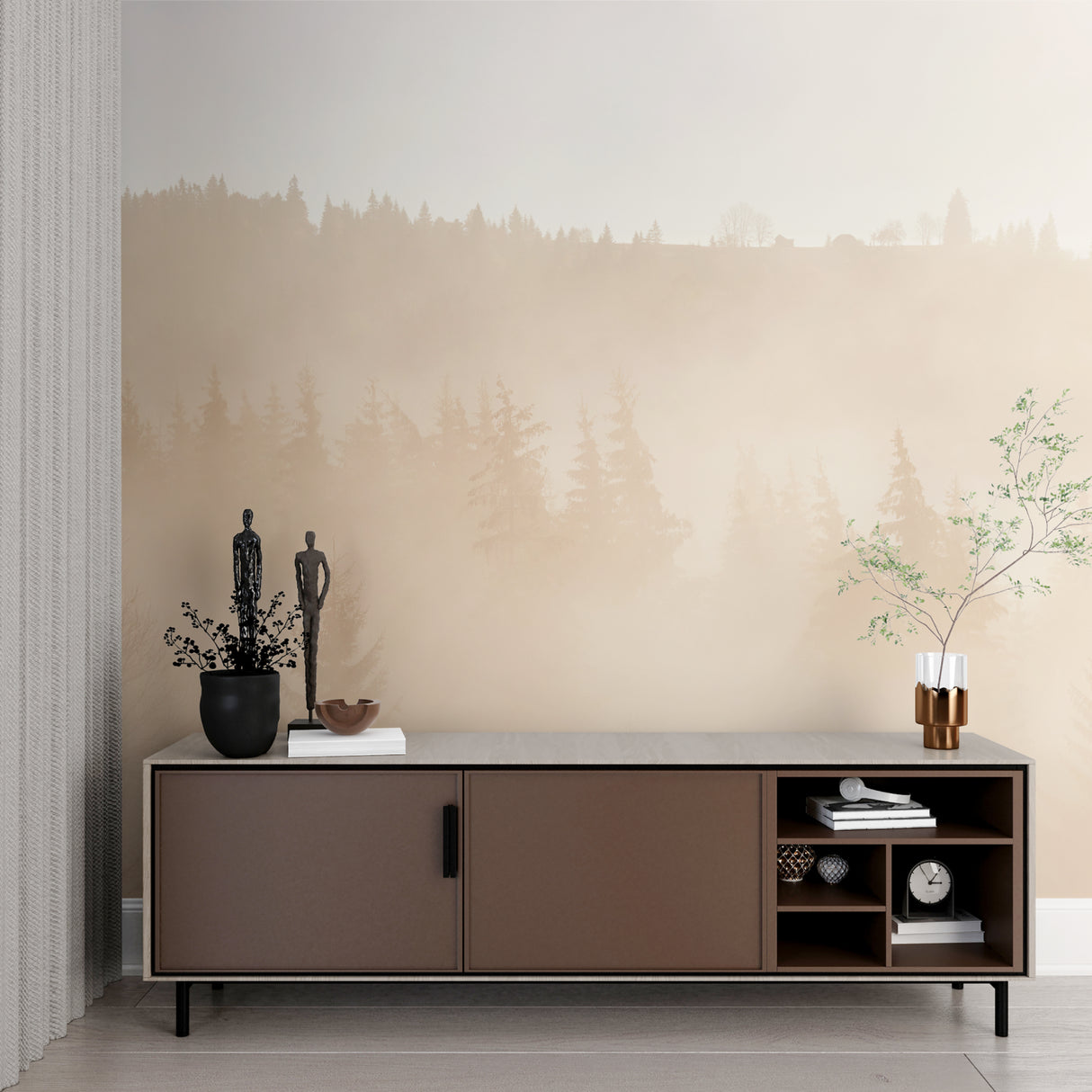 Pine forest wallpaper in meditation room with natural decor