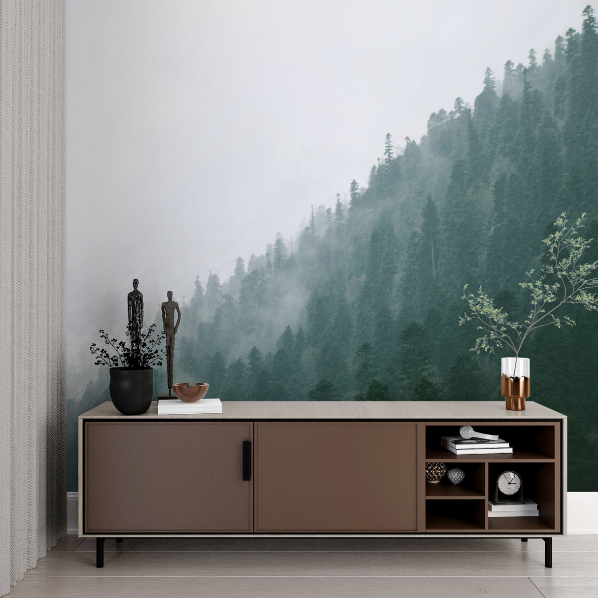 Misty pine forest wallpaper in cozy bedroom setting with minimal furniture