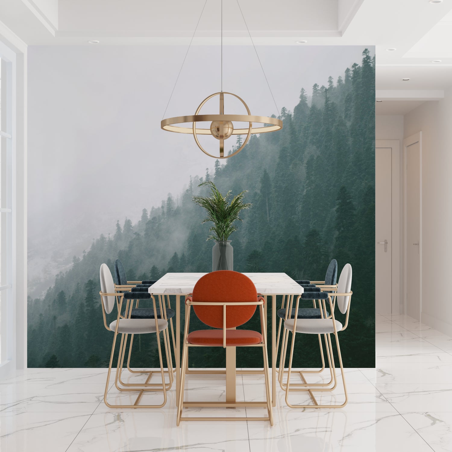 Pine forest mural adding natural charm to home office with wooden desk
