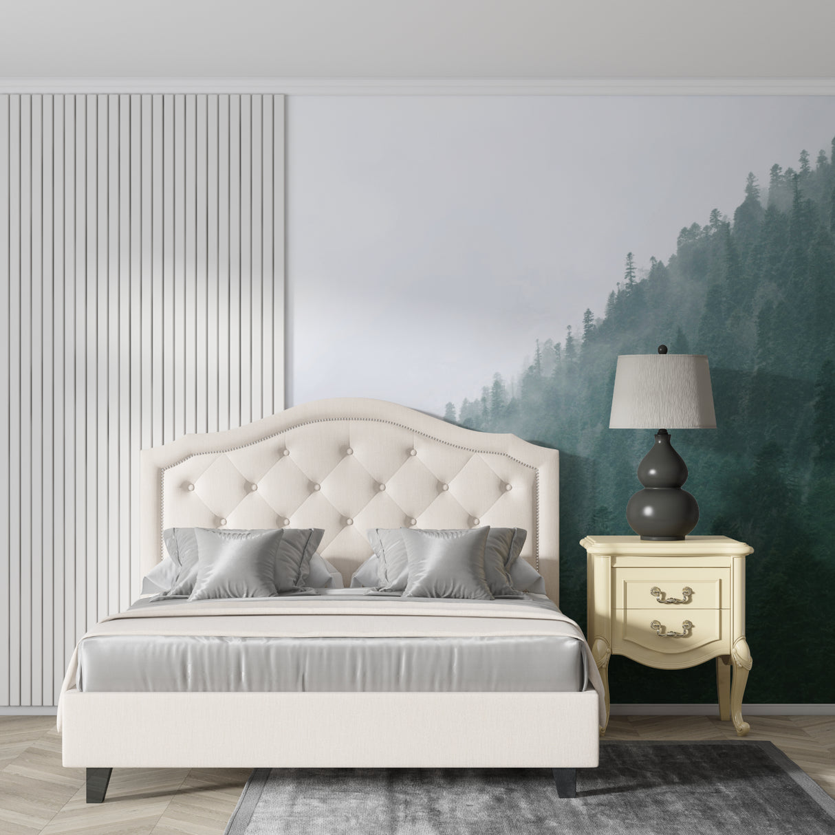 Watercolor forest wallpaper in dining room with contemporary furniture