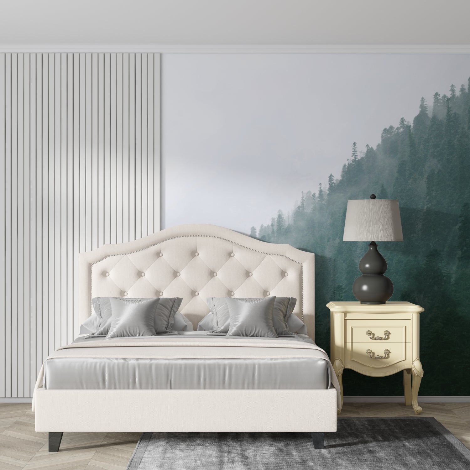 Watercolor forest wallpaper in dining room with contemporary furniture