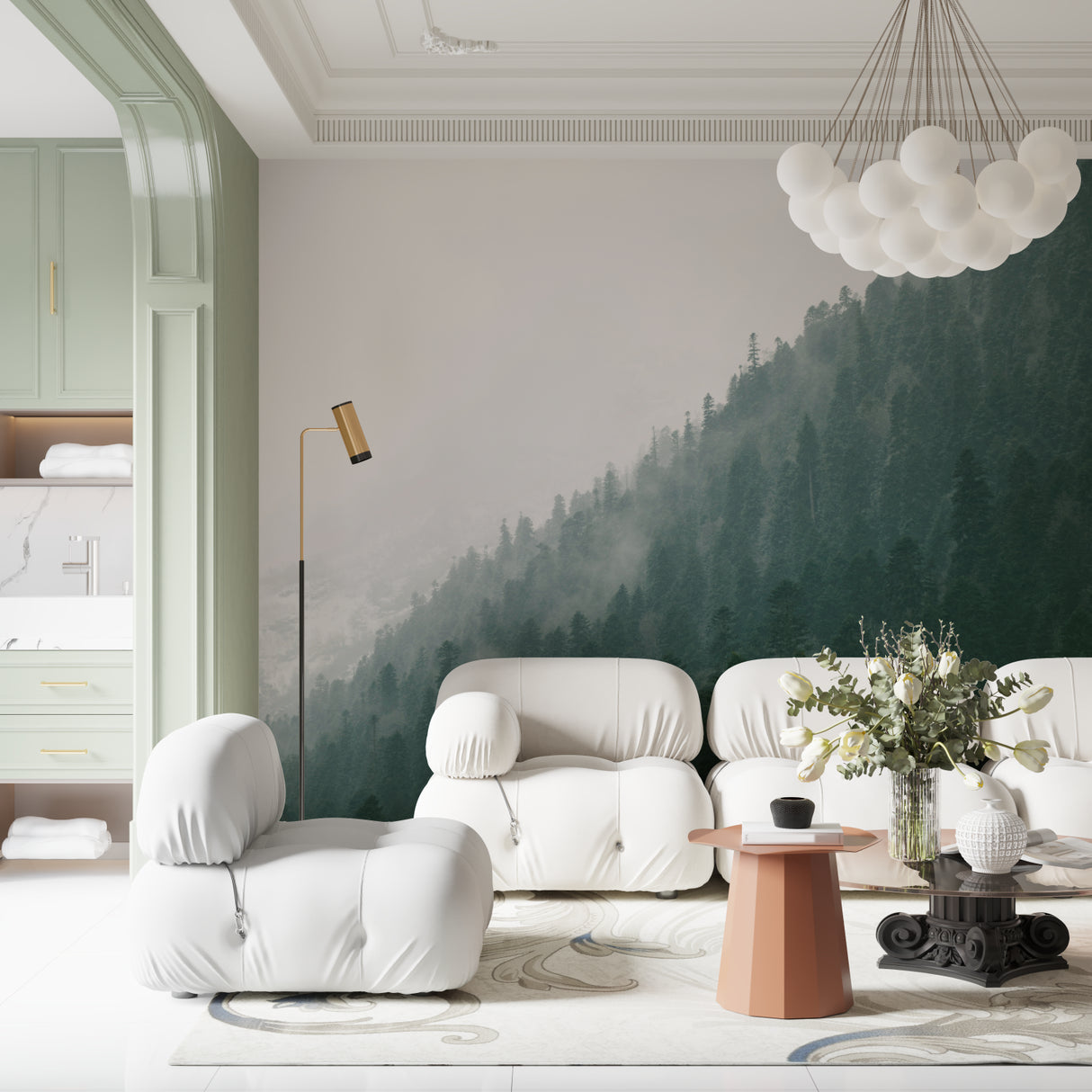 Misty forest mural creating calm atmosphere in meditation room