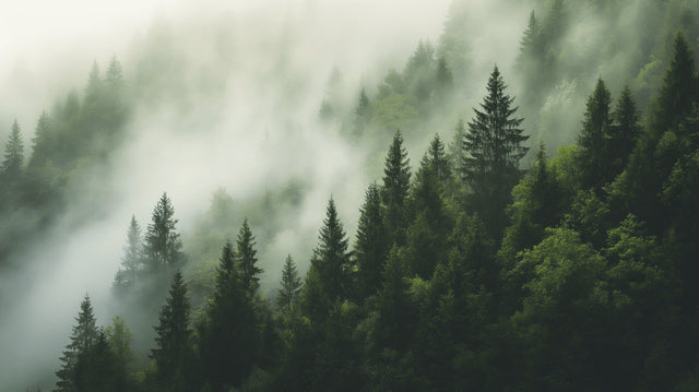 Forest wallpaper mural in modern living room showing misty pine trees creating depth and atmosphere