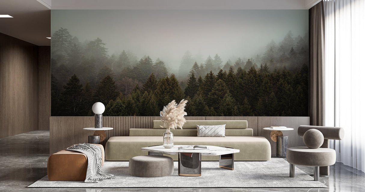 Pine forest wallpaper adding serenity to meditation room with bamboo flooring