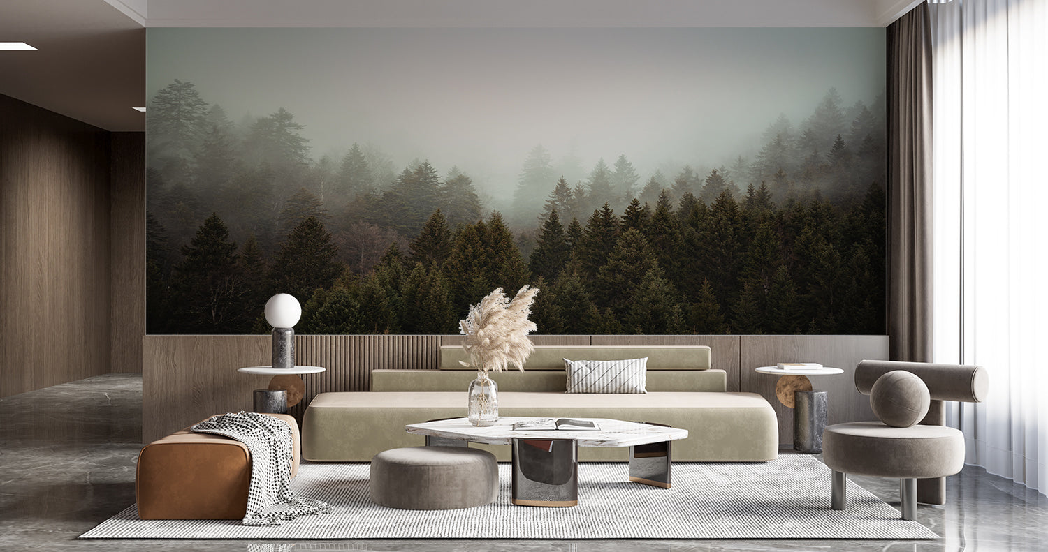 Pine forest wallpaper adding serenity to meditation room with bamboo flooring