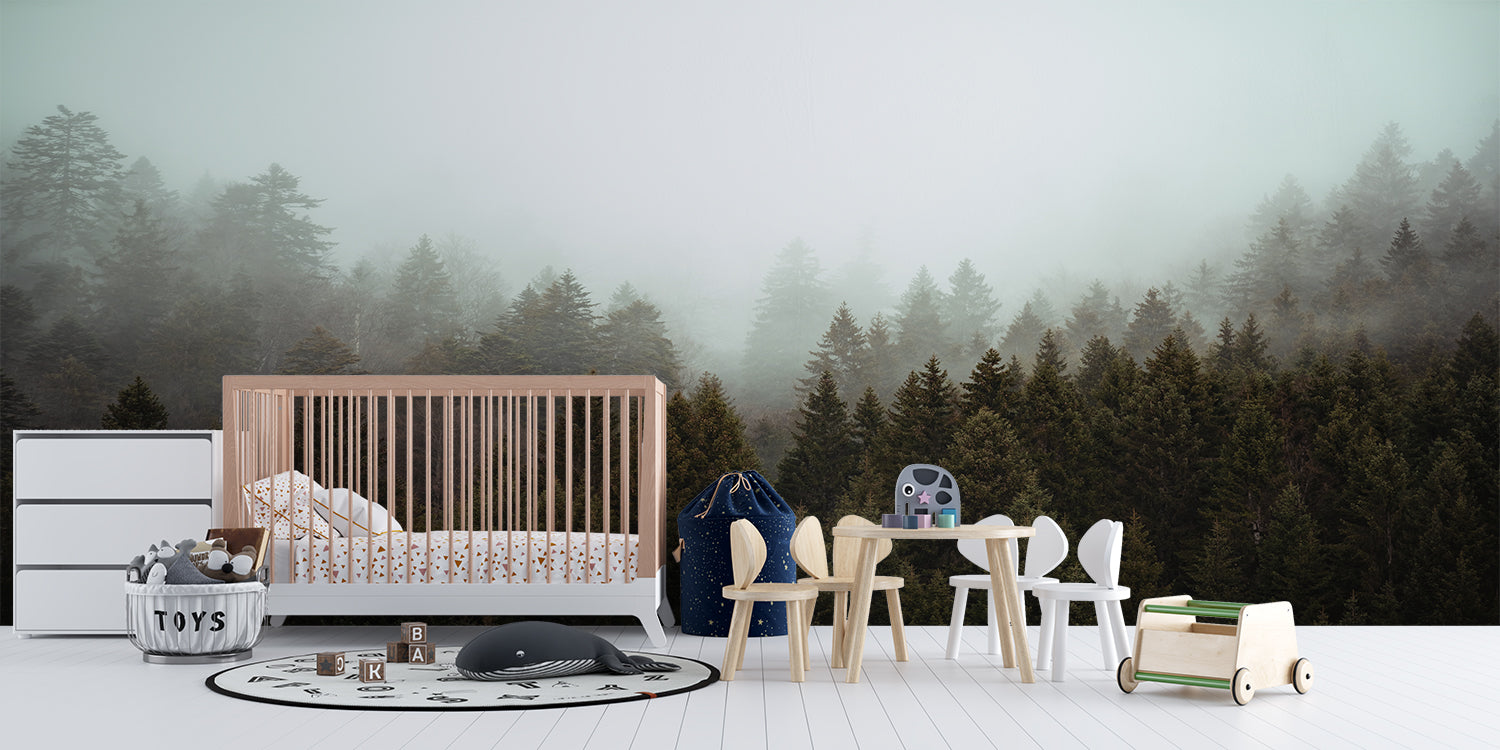 Misty forest wallpaper in dining room with pendant lighting and plants