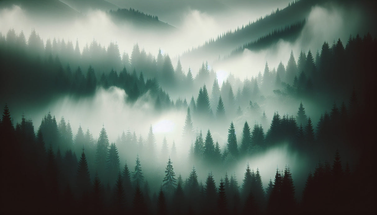Misty pine trees forest wallpaper design file showing detailed fog and mountain landscape pattern