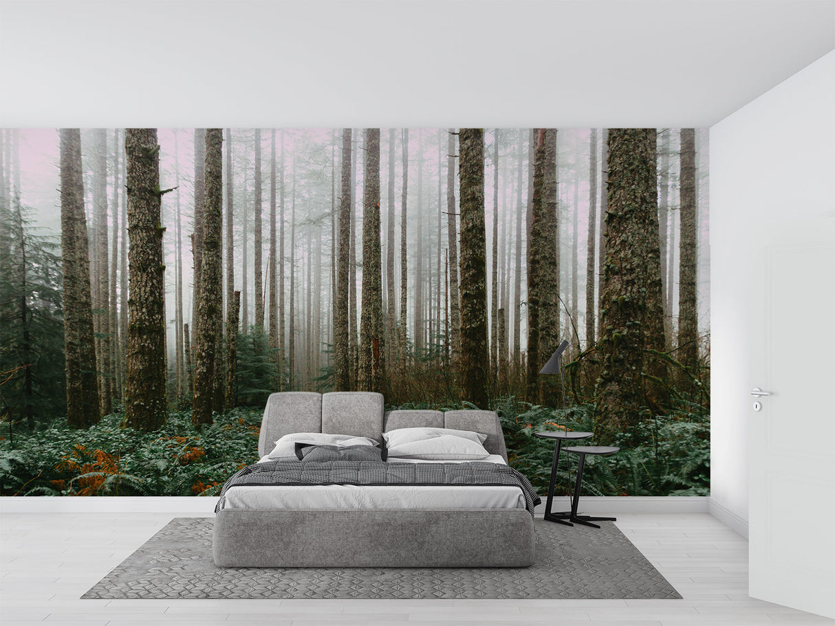 Forest mural wallpaper creating depth in a modern living room with natural light