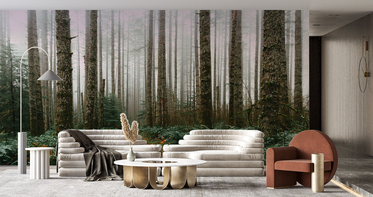 Misty pine forest wallpaper in a cozy bedroom setting