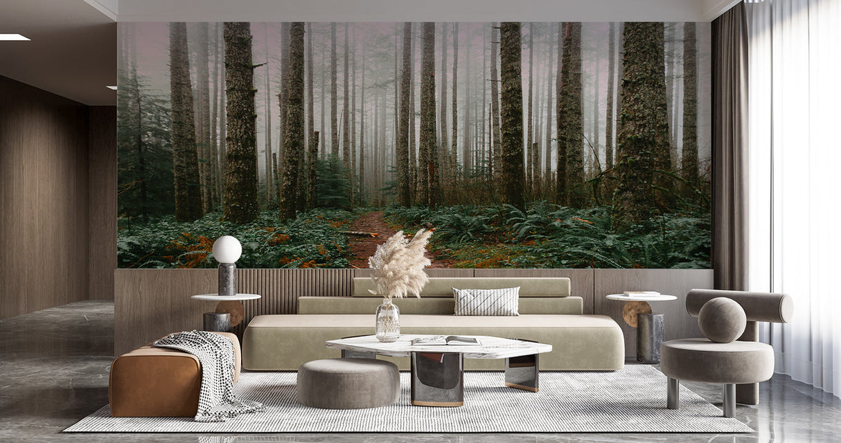 Pine tree mural wallpaper making a home office feel peaceful