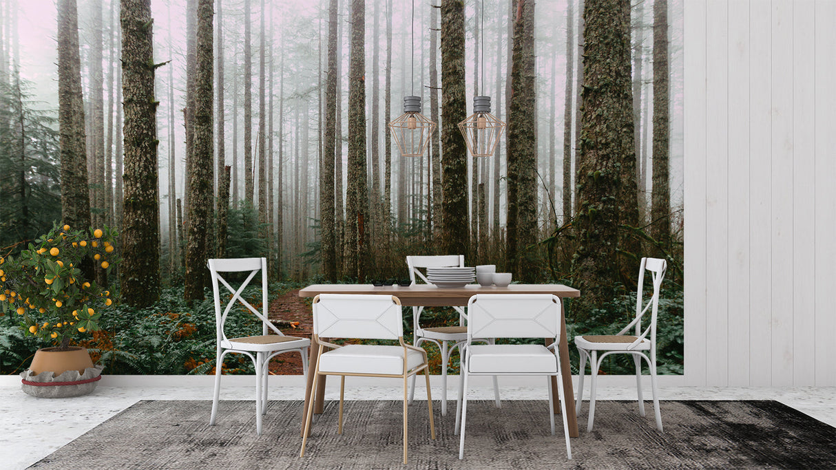 Forest landscape wallpaper bringing nature into a dining room