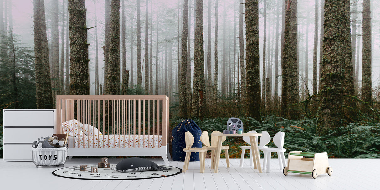 Woodland mural transforming a meditation room with soft morning light