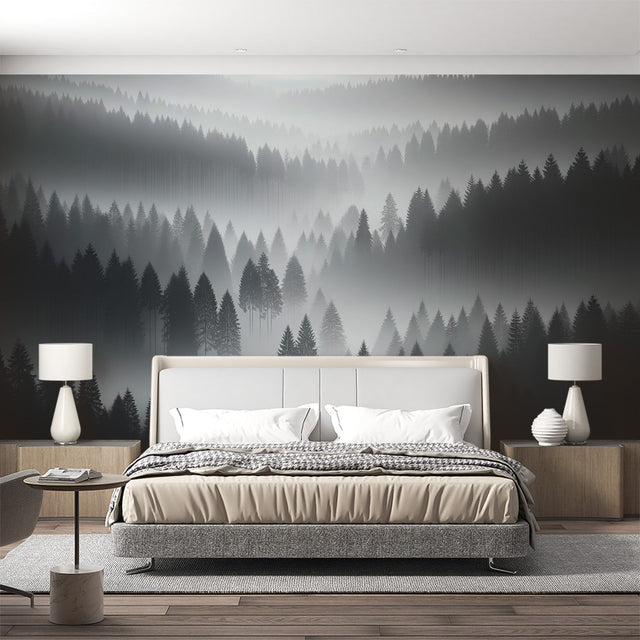Forest mural wallpaper creating depth in modern living room with grey sofa and natural light