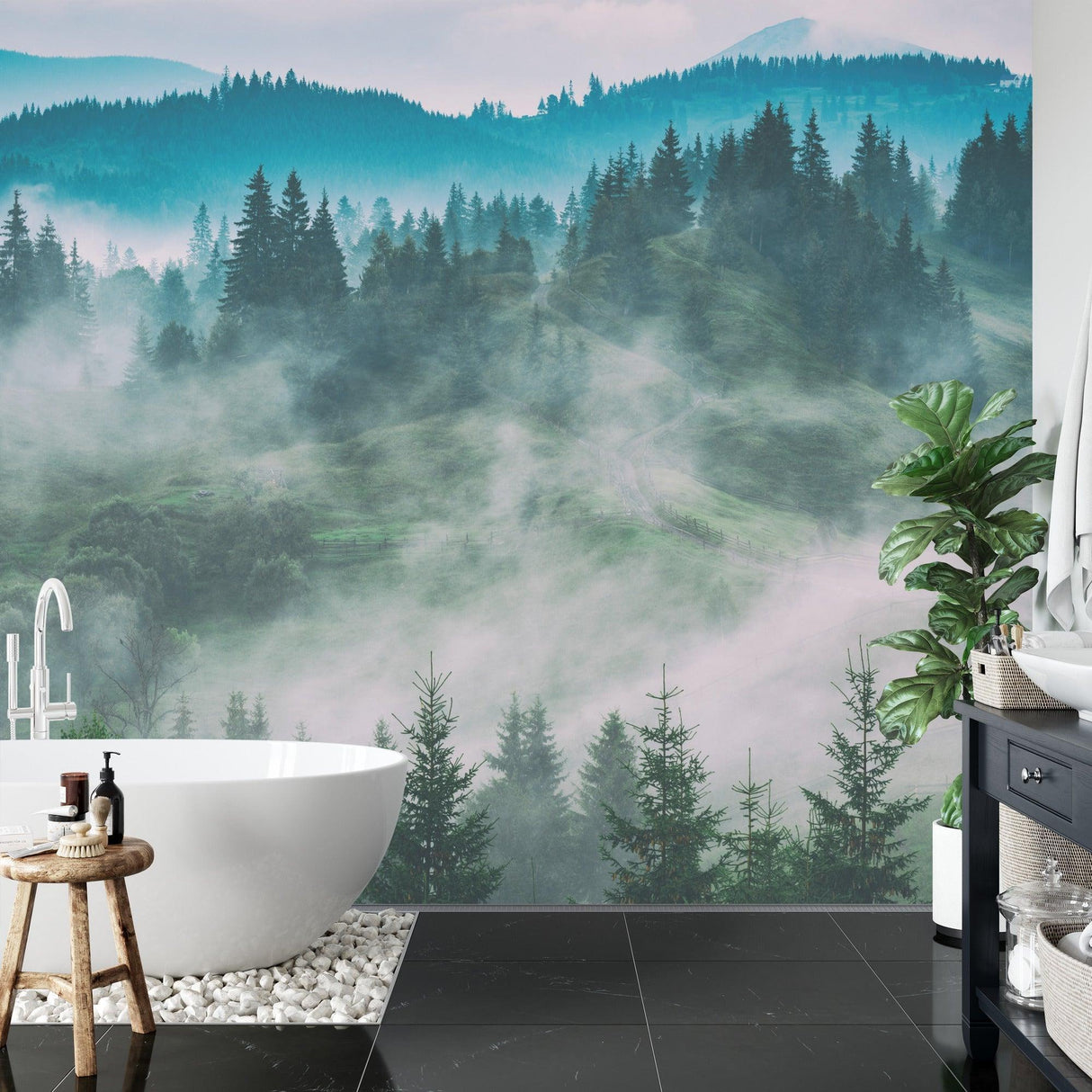Forest landscape mural in meditation room with morning light