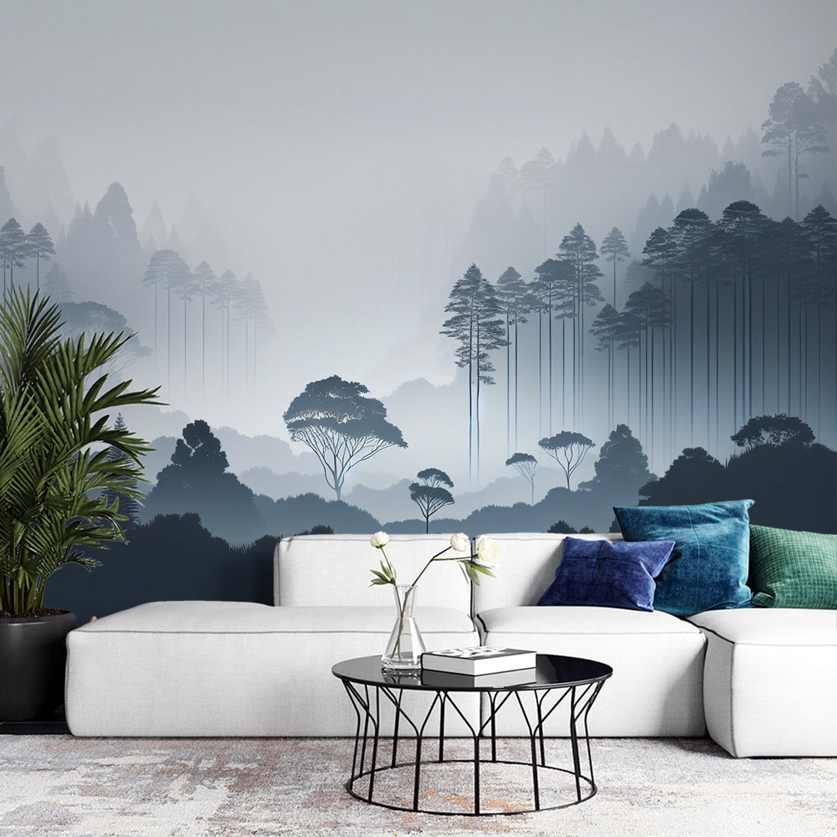 Misty forest wallpaper creating depth in a modern living room, pine trees emerging through morning fog