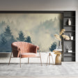 Forest wallpaper mural in modern living room showing pine trees in sage green mist
