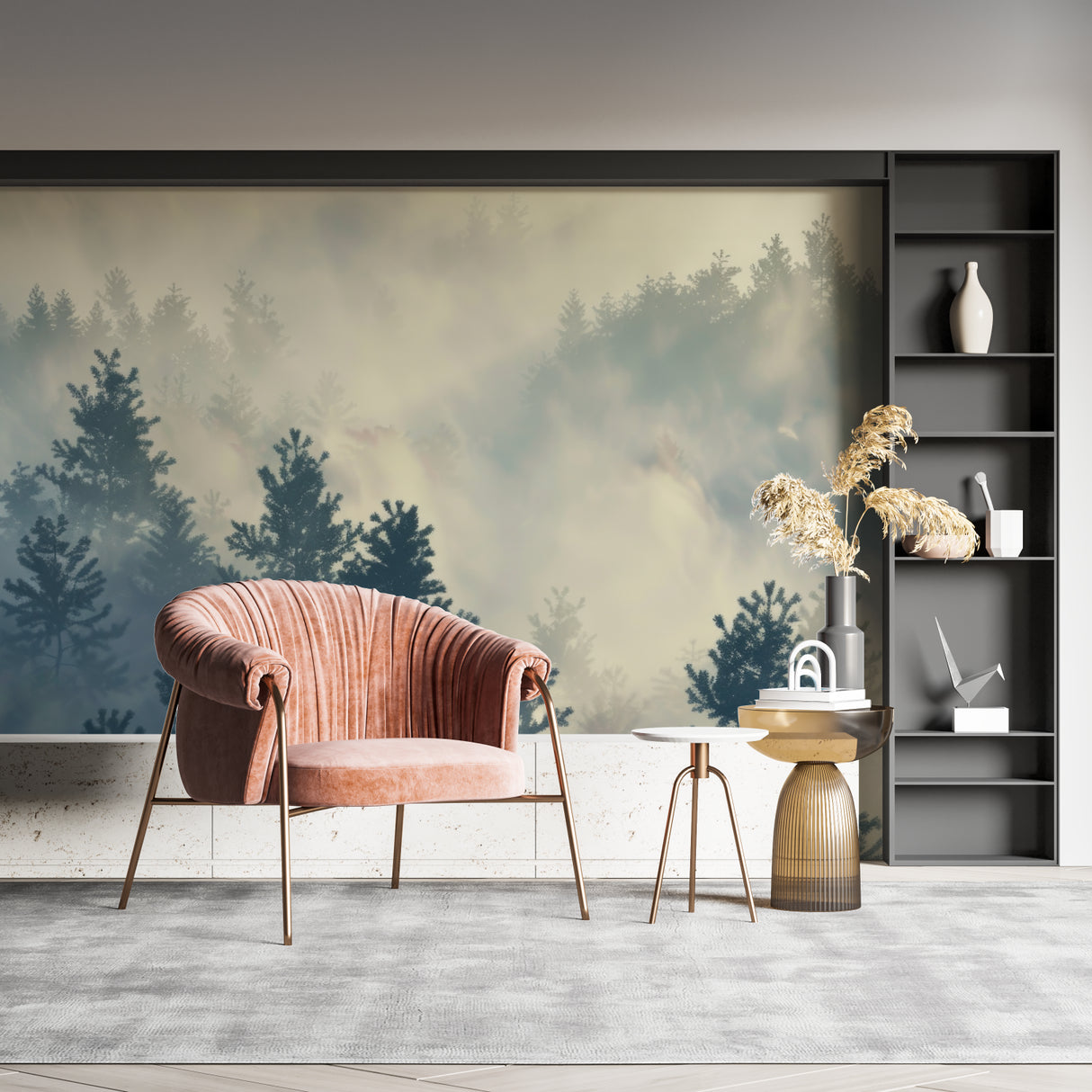 Forest wallpaper mural in modern living room showing pine trees in sage green mist