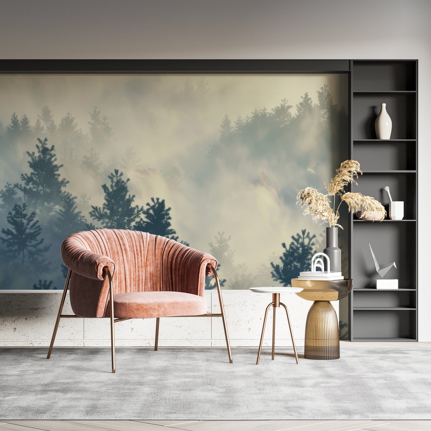 Forest wallpaper mural in modern living room showing pine trees in sage green mist