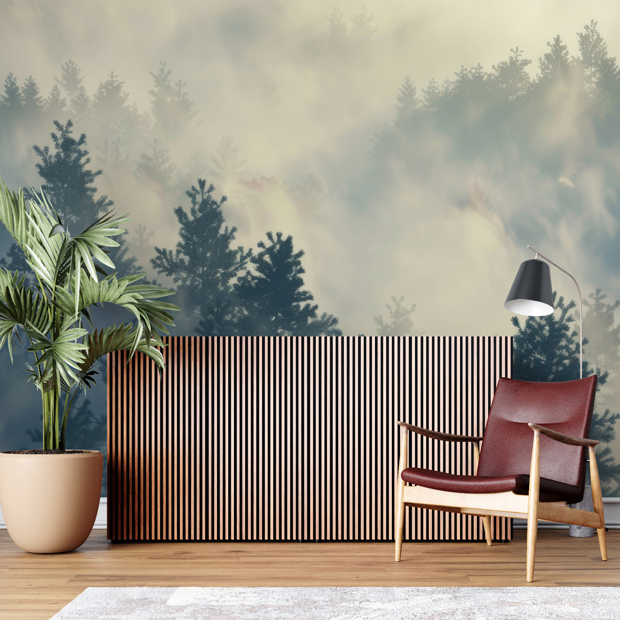 Pine tree wall mural creating depth in minimalist bedroom