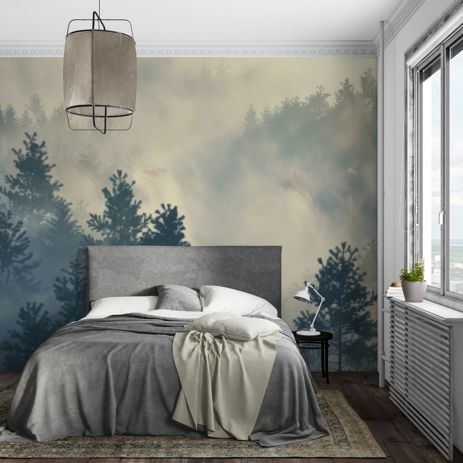 Sage green forest wallpaper in home office setting with natural light