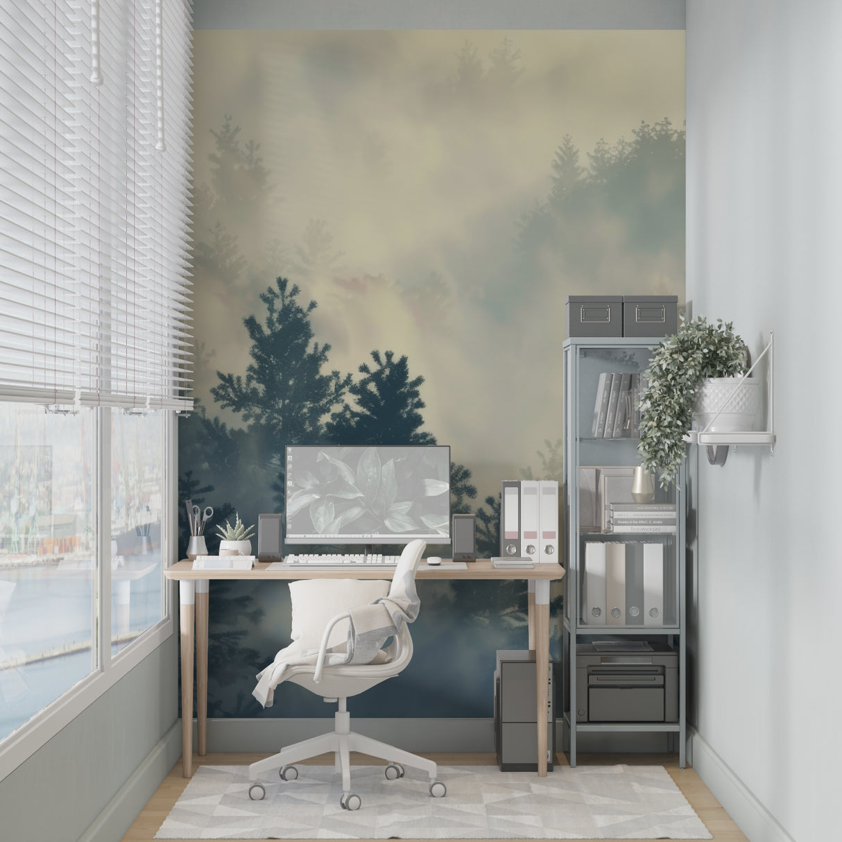 Misty forest mural wallpaper in dining room with modern furniture