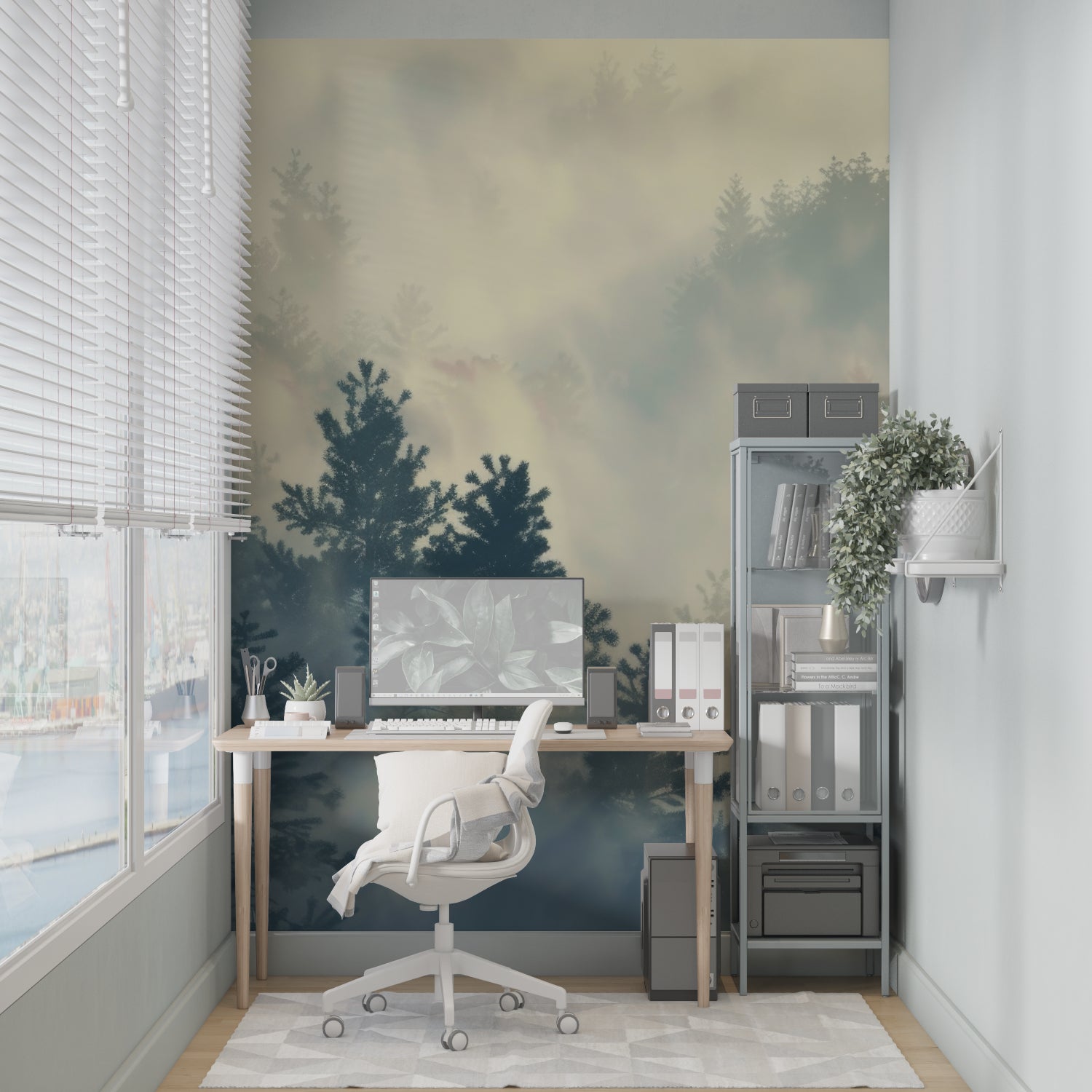 Misty forest mural wallpaper in dining room with modern furniture