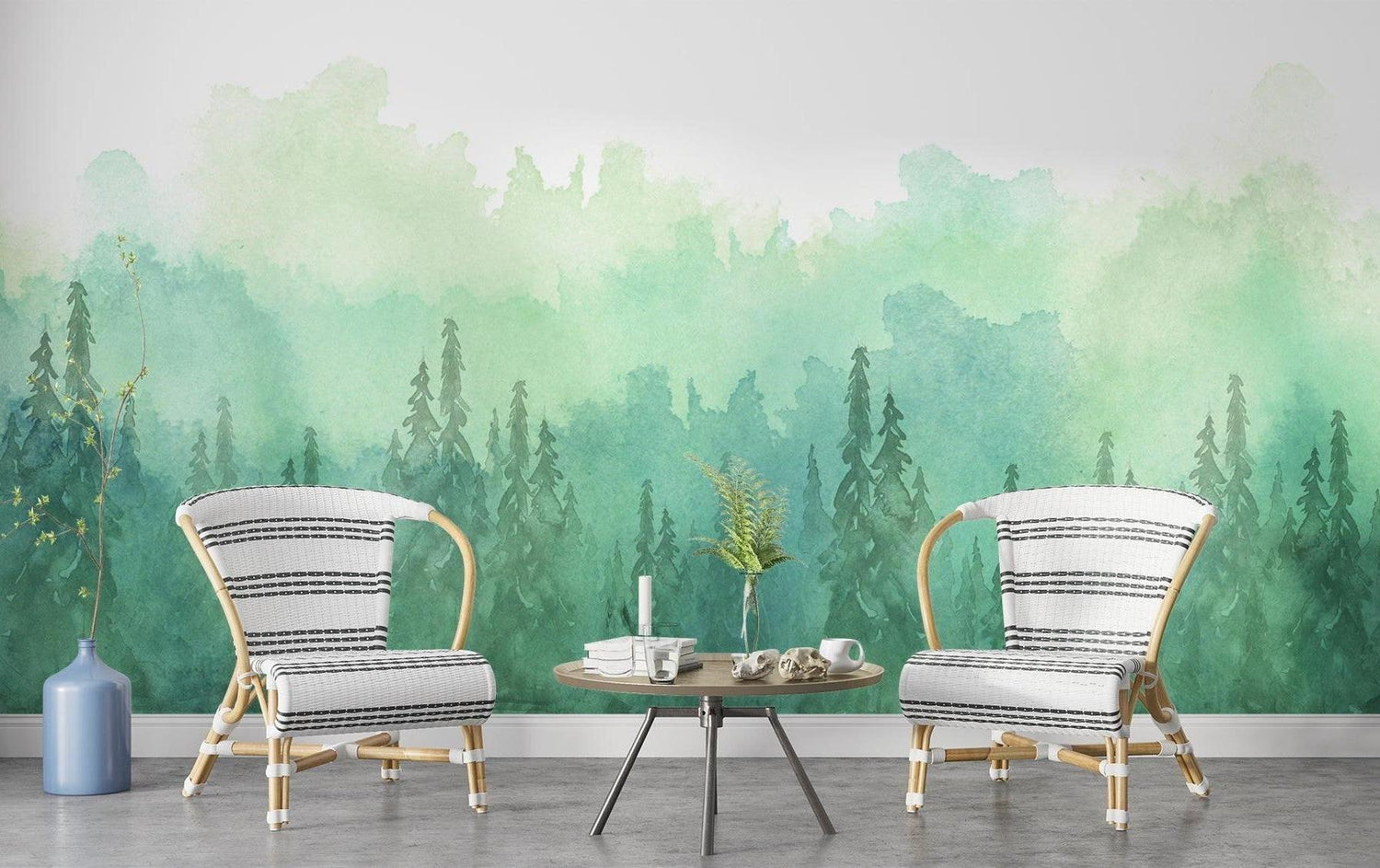Pine tree wallpaper mural bringing nature into a peaceful bedroom setting