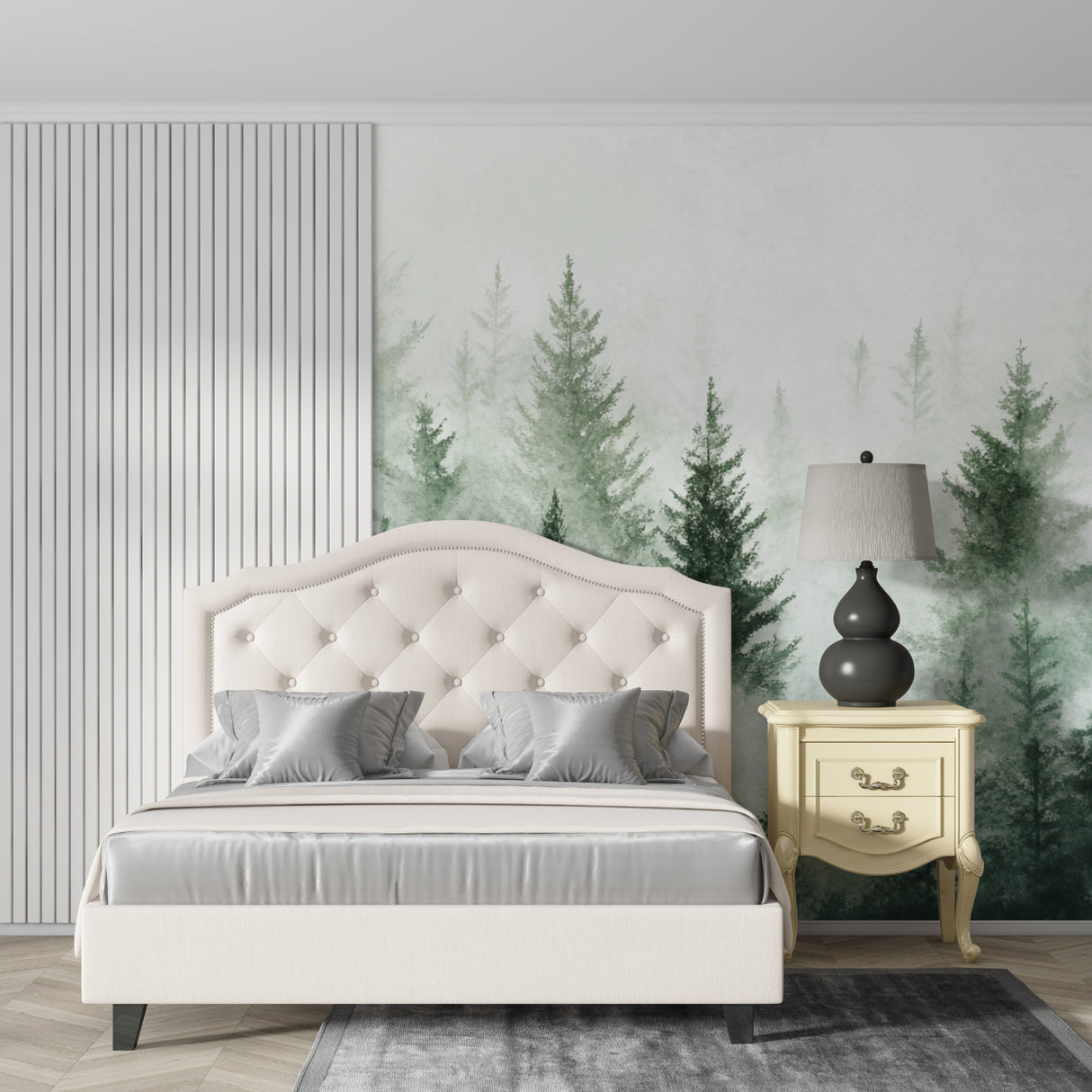 Misty pine tree wallpaper in cozy bedroom setting with wooden furniture