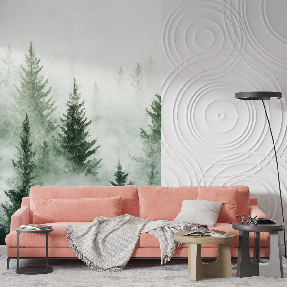 Pine forest wallpaper mural in home office with minimal desk setup