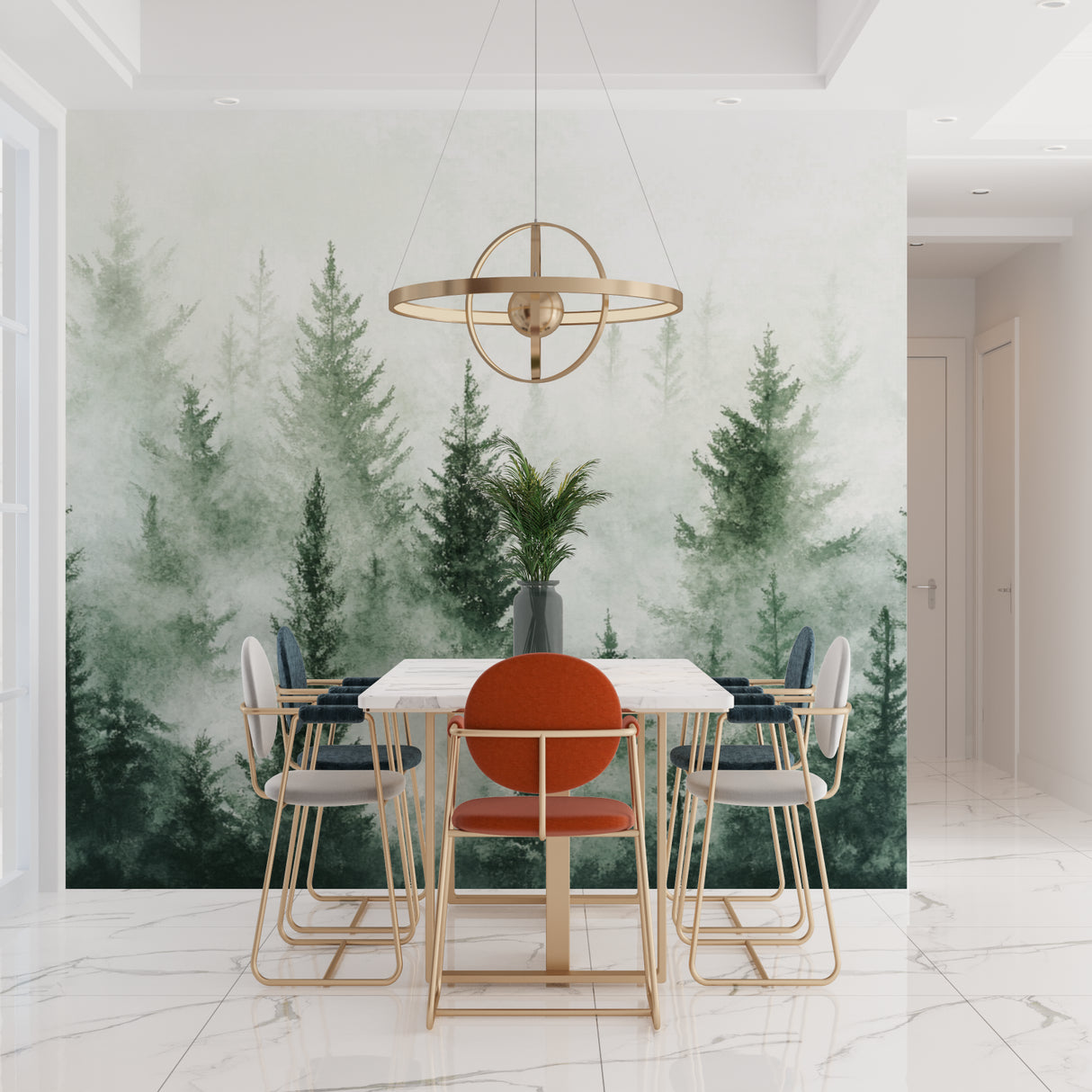 Watercolor forest mural in dining room showing scale and atmosphere