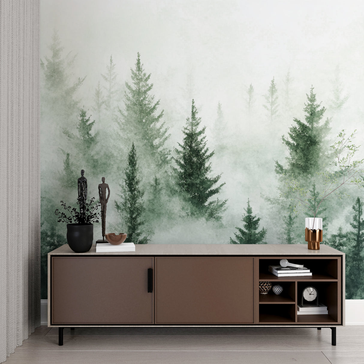 Forest wall mural installation in meditation room with natural decor