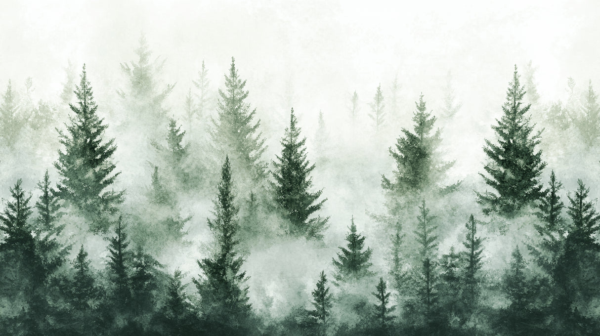 Misty pine forest wallpaper design file showing full pattern and watercolor detail